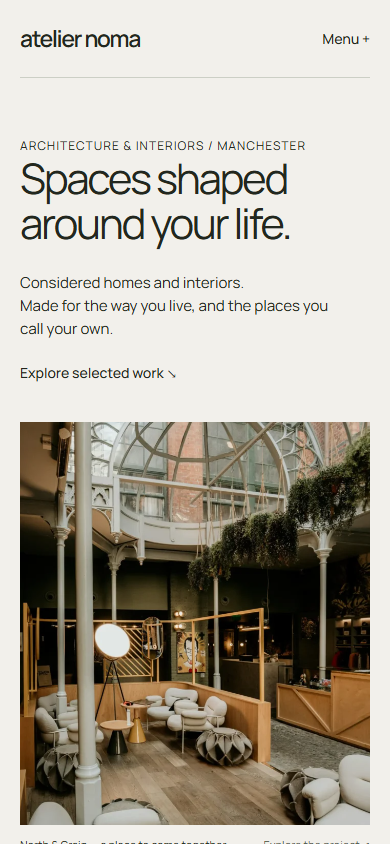Atelier NOMA mobile capture at 390 pixels showing its current responsive opening layout