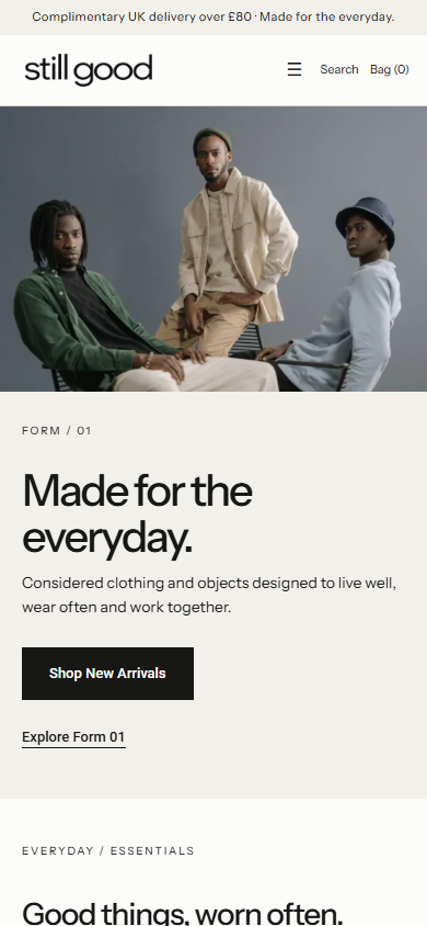 Still Good mobile capture at 390 pixels showing its current responsive opening layout